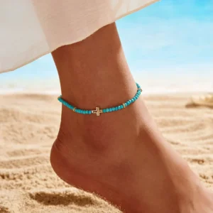 RENSINO Summer Foot Chain Gold Plated Cross Anklets Handmade 925 Sterling Silver Natural Turquoise Anklets for Women