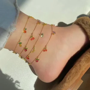 RENSINO Summer New Fashion Cute apple Grape Strawberry Cherry Fruit Design Anklet Lovely Girl Delicate Foot Leg Chain Jewelry