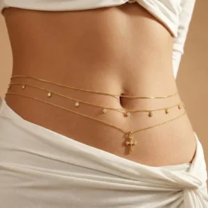 RENSINO Summer Party Beach Hypoallergenic Silver 925 Body Jewelry Gold Plated Cross Charm Box Chain Adjustable Waist Belly Chains Women