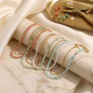 RENSINO Summer Trend Double Layer Natural Stone O-chain Anklet Waterproof Stainless Steel Beaded Handmade Bracelet Women Jewelry Daily