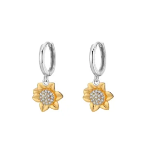 RENSINO Sunflower 925 Sterling Silver Gold Plated Cute Huggie Hoop Earrings Necklace Ring Sunflower Pendant Jewelry Set
