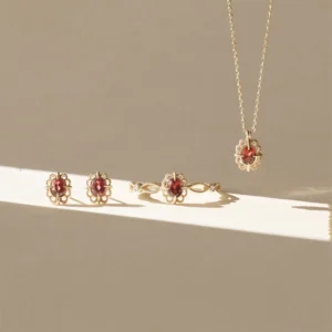 RENSINO Sunset Red Natural Garnet Frame Ring Gold Plated 925 Sterling Silver Ribbon Design Jewelry Earring Necklace Ring 3pcs Set