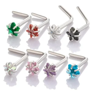 RENSINO Surgical Stainless Steel Nose Stud Inlaid 3mm Colorful Star Cubic Zirconia Nose Rings L shaped Nostril Piercing Jewelry