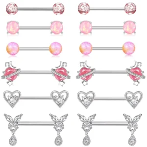 RENSINO Surgical Steel Bar Piercing Pink Butterfly Nipple Piercing Stainless Steel Nipple Rings Women Piercing Jewelry