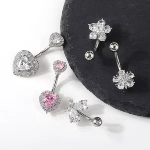 RENSINO Surgical Steel Belly Button Rings Externally Threaded CZ Crystal Opal Heart Flower Snowflake Navel Rings