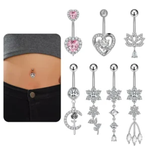 RENSINO Surgical Steel CZ Dangle Belly Button Ring Multi Style Heart Flower Navel Piercing Jewelry for Women