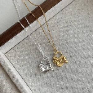 RENSINO Sweet Bow Shape Fine Jewelry Gold Plated 925 Sterling Silver Heart Pendant Necklace Jewelry Women