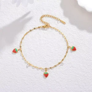 RENSINO Sweet Strawberry Cherry Charms Anklet Fruit Series Anklets 18K Gold Plated Stainless Steel