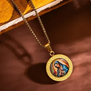 RENSINO T Style Pendant Necklace with the Saint Virgin Mary for Catholic Religious 18K Gold Plated Jewelry