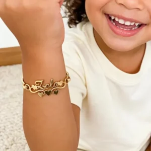 RENSINO TD Custom 18K Gold Plated Stainless Steel Trendy Name Bangle Bracelet with Heart for Kids Baby Personalized Jewelry Gift