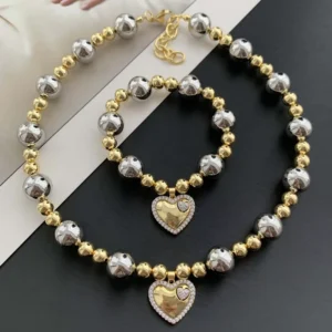 RENSINO TK-B362 Two-Tone Gold & Silver Beads Ball Chain Necklace CZ Pave Heart Charm Necklace