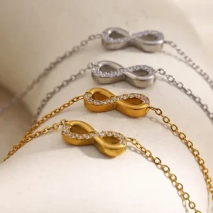 RENSINO Tarnish Free Fashion Jewelry Gold Plated Stainless Steel Bracelet Zircon Infinity 8 Number Charm Bracelet for Women
