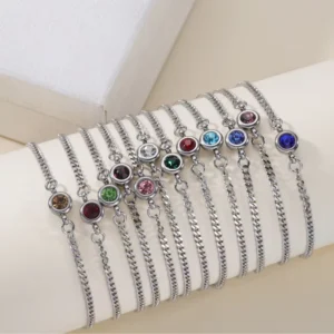 RENSINO Tarnish Free Silver Stainless Steel Bracelets Women Fashion 12 Colors Crystal Birthstone Charm Bracelet for Girls