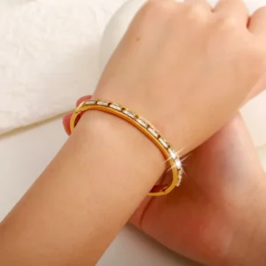 RENSINO Tarnish Free Titanium Steel Rhinestone Bangle Bracelet for Women European Style Stainless Steel Luxury Jewelry