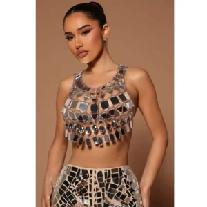RENSINO Tassel Mirror Metal Dress Girl Women Sexy Crystal Body Chain Dresses Top Bra Jewelry for Party