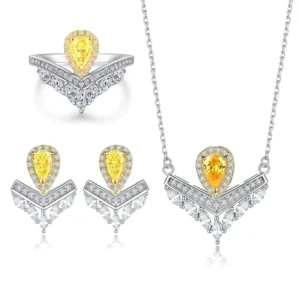 RENSINO Teardrop Shaped Ring Earrings Necklace Jewellery Sets S925 Sterling Silver 3 Piece Yellow CZ Crown Jewelry Set for Women