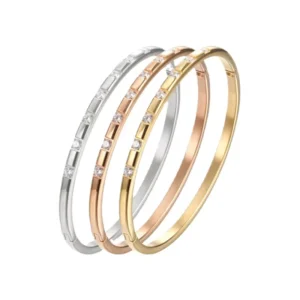 RENSINO Thin Open Bangle Bracelet with Full Zircon Inlay for Women 18K PVD Gold Plated Stainless Steel Waterproof & Hypoallergenic