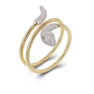 RENSINO Three Circles Elasticity Snake Bangle in 925 Sterling Silver K Gold Plated with White Cubic Zirconia