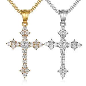 RENSINO Three Silver Gold Plated Cross Pendant Stainless Steel Necklace Design Religious Luxury Jewelry