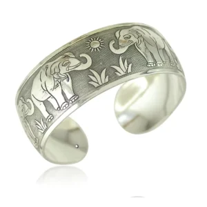 RENSINO Tibetan Silver Open Cuff Bracelet Bangle Carved Spiral Fish Flower Connecting Branches Pattern Wide Band Fashion Cuff Bracelets