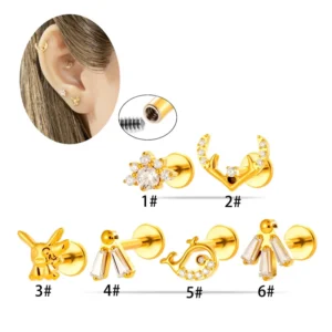 RENSINO Titanium 16G Internal Thread Labret CZ Bunny Whale Antler Cartilage Earring Helix Tragus Manufacturer Body Piercing Jewelry