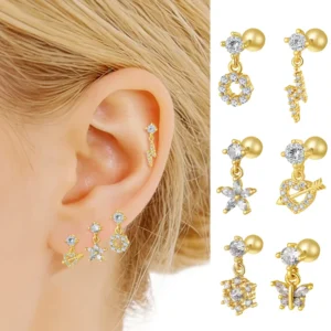 RENSINO Titanium Cartilage Stud Earrings Heart 18K Gold Plated Zircon Helix Jewelry Ear Piercing for Women