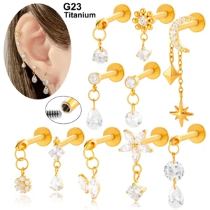 RENSINO Titanium Jewelry Lobe Cartilage Piercing CZ Flower Moon Pendant Tragus Earring Internally Thread Flat Back Stud Earrings