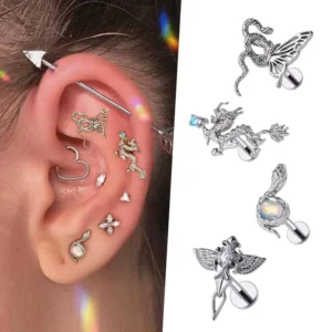 RENSINO Titanium Labret Piercing Stud Rings Lip Dragon Ear Cartilage Tragus Designs Body Piercing Jewelry for Women Girls Gift
