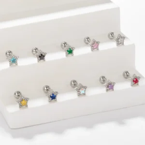 RENSINO Titanium Trendy Star Shape Labret Stud Earrings with Zircon Pave Silver Plated External Thread Body Piercing Jewelry