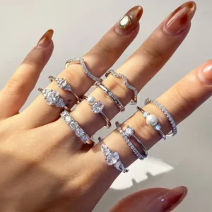 RENSINO Top Selling Non Tarnish S925 Women CZ Eternity Tennis Pearl Engagement Ring Set Bling Iced Out Minimalist Sterling Silver Rings