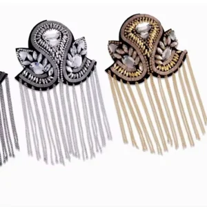 RENSINO Trend Metal Tassel Chain Shining Rhinestone Badge Clothing Suit Shoulder Badges Gold plated Brooch Punk Style Jewelry