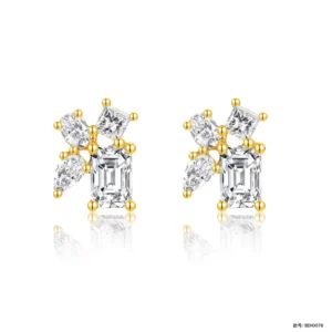 RENSINO Trendy 18k Gold Plated Flower Shape Lab Created Diamond Earrings Emerald & Pear & Oval & Princess Cut Lab Grown Stud Earrings Set