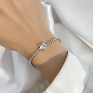 RENSINO Trendy 2MM Tennis Chain Bracelet Silver Color Main Heart Cubic Zirconia Tennis Bracelet
