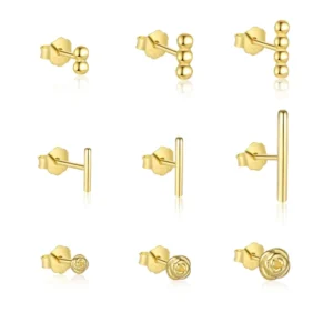 RENSINO Trendy 925 Sterling Silver 18K Gold Plated Minimalist Jewelry Ball Bead Bar Flower Rose Stud Earrings for Women