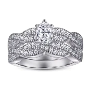 RENSINO Trendy 925 Sterling Silver Engagement Ring Set with Oval Cut Zircon Stone White Plated Inlay Number Shape Moissanite Rings