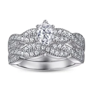 RENSINO Trendy 925 Sterling Silver Engagement Ring Set with Oval Cut Zircon Stone White Plated Inlay Number Shape Moissanite Rings
