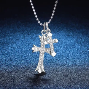 RENSINO Trendy 925 Sterling Silver Moissanite Gothic Double Cross Pendant Necklace Iced Out Hip Hop Jewelry for Men