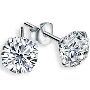 RENSINO Trendy 925 Sterling Silver Rhodium Plated Stud Earrings Clear Claw Setting Cubic Zircon 5mm Wedding Anniversary Engagement Gift