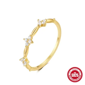 RENSINO Trendy 925 Sterling Silver Ring 18K Gold Plated Minimalist Zircon Ring Jewelry Gift for Girls