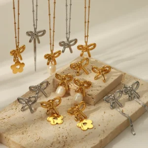 RENSINO Trendy Bowknot Jewelry Set Pendant Necklace Earring Stainless Steel Bow Knot Design Necklace for Women