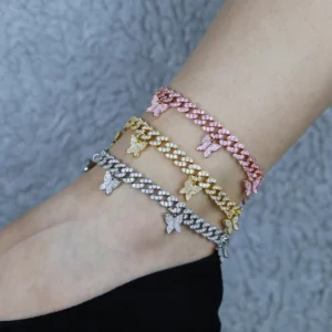 RENSINO Trendy Butterfly Cuban Chain Punk Anklet Multi Color Plated Women’s Gift Sparkling Zircon Foot Jewelry Adjustable
