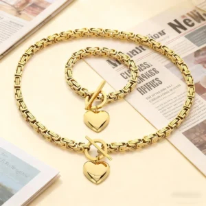 RENSINO Trendy Charm Stainless Steel Gold Plated Heart Pendant Necklace Fashion Jewelry Set For Women
