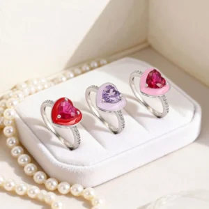 RENSINO Trendy Colorful 925 Sterling Silver Enamel Ring with Heart Cubic Zirconia