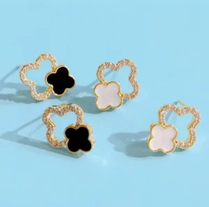 RENSINO Trendy Fashion Silver Needle Diamond Four Leaf Clover Earrings for Women Colorful Flowers Earrings Jewelry Accessories