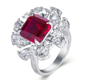RENSINO Trendy Fine Rings Unisex S925 Lab Grown Ruby Engagement Gemstone Emerald Cut Anniversary Wedding