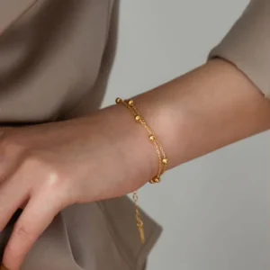 RENSINO Trendy Gold Plated Bracelet Stainless Steel Double Layered Beads Bracelet Adjustable Women Jewelry