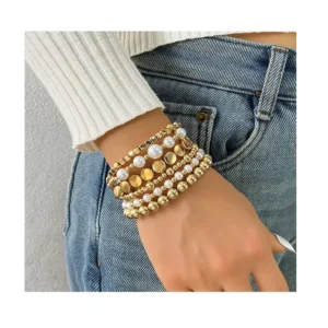 RENSINO Trendy Gold Silver Color Beaded Elastic Bracelet Set for Fashion Women Jewelry