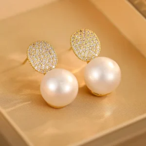 RENSINO Trendy High End Gold Plated Princess Cut Micro Inlaid Stud Oval Pearl Earrings for Women Luxury Tempered Design for Gift