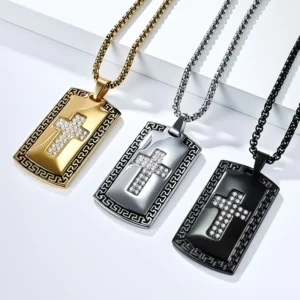 RENSINO Trendy Hip Hop 18K Gold Plated Stainless Steel JewelryNecklace Pendant Inlaid with Zirconia Link Chain Titanium Steel Cross