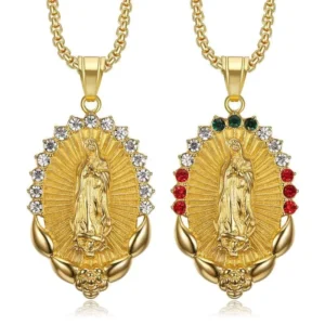 RENSINO Trendy Hip Hop Rock Catholic Virgin Mary Iced Cubic Zirconia Religious Stainless Steel Link Chain Pendants Necklace Men Rapper